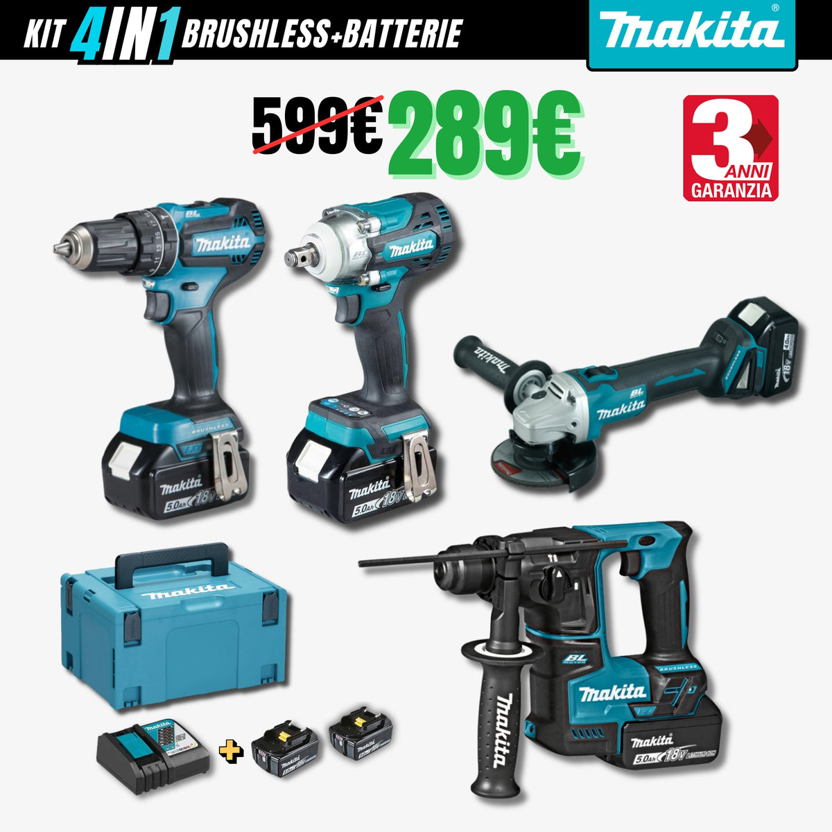 Kit 4in1 Makita:Avvitatore ad Impulsi+Trapano+Tassellatore+Flex/Smerigliatrice